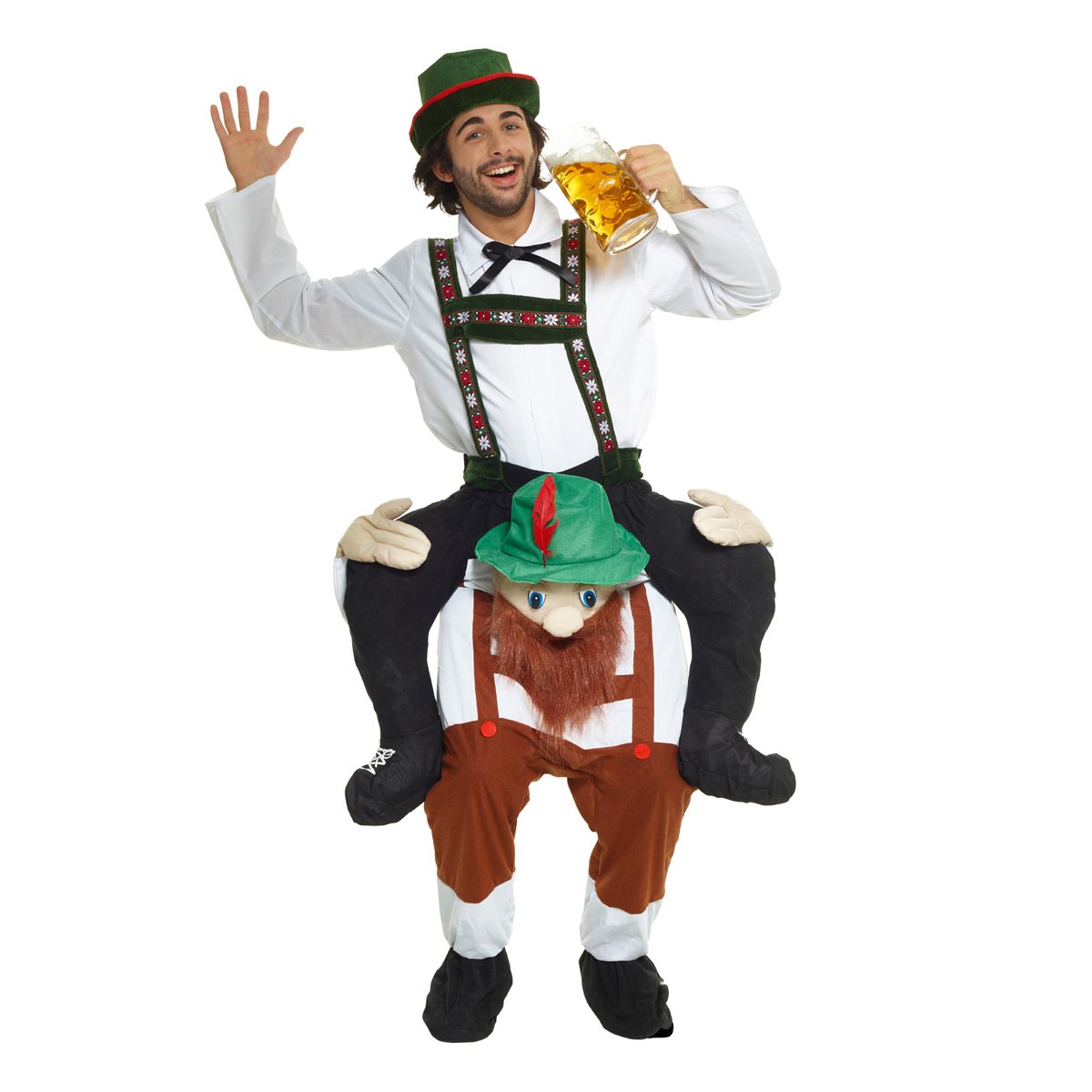 Bearded Bavarian piggyback costume creating the illusion of a bearded local carrying the wearer, with built-in mock legs styled in lederhosen detail