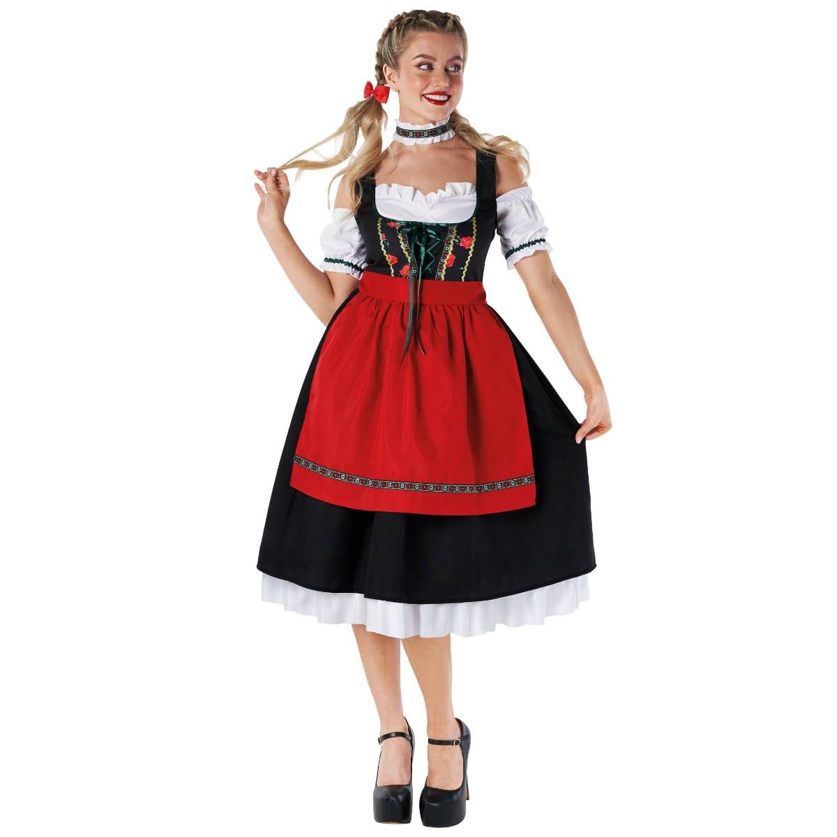 Womens Bavarian long dress costume, a dirndl with puff sleeves, corset ribbon lacing and floral panelling, worn with a separate red tie apron with floral trim