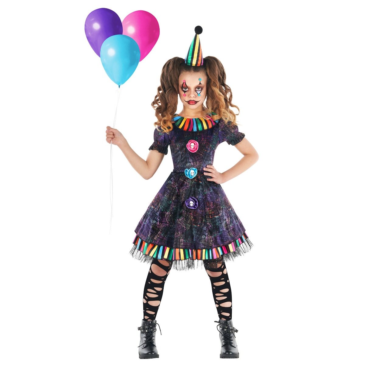 Girl in a creepy clown costume: a dark iridescent puff-sleeve dress with three round face buttons, a rainbow striped collar ruffle and hem trim, and a small striped cone hat on a headband