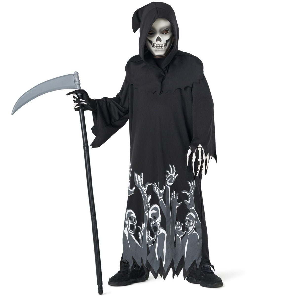 Child in a long black hooded grim reaper robe with a jagged hem, pale wailing faces and grasping hands printed across the lower half, wearing a skull mask and bone-print gloves and holding a gray scythe