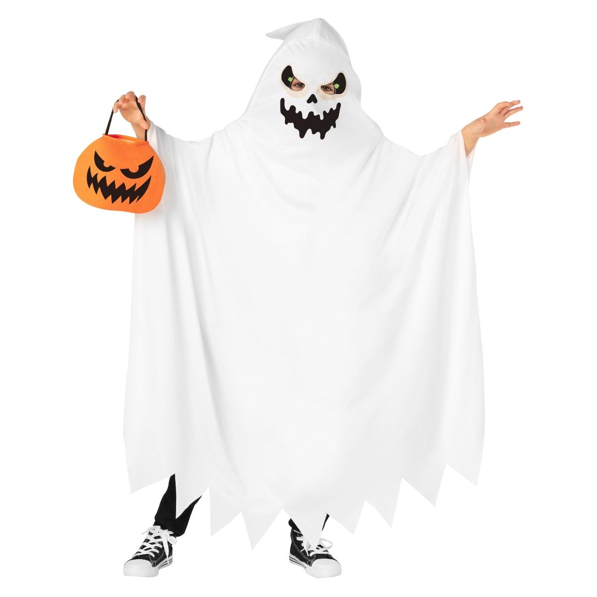 Child in a white ghost poncho with a pointed hood, a bold black printed face with mesh eye panels and a dripping grin, and a jagged zigzag hem, holding an orange pumpkin candy bucket
