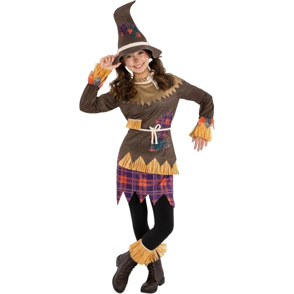 Girl in a scarecrow costume: a brown tunic with orange and purple plaid patches, a white rope belt, straw fringe at the wrists and ankles, a plaid zigzag underskirt and a floppy pointed patch hat