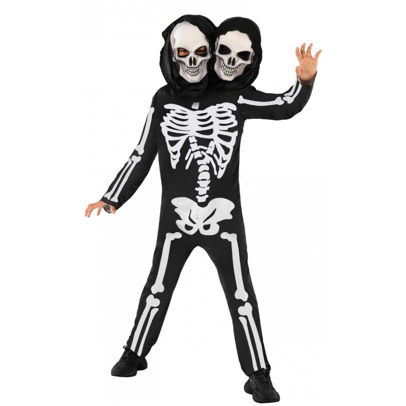 Child in a black hooded jumpsuit printed with a white skeleton rib cage, spine and leg bones, wearing a hood that holds two grinning skull faces side by side