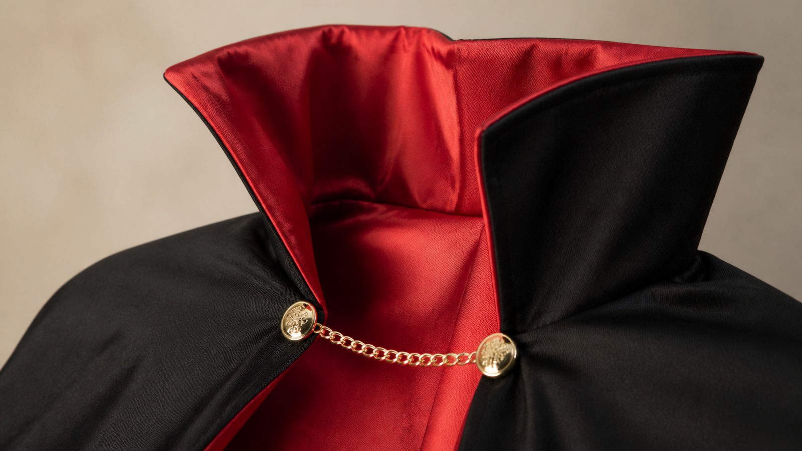 Close-up of a black vampire cape's stand-up collar open to show a vivid red lining and gold chain trim