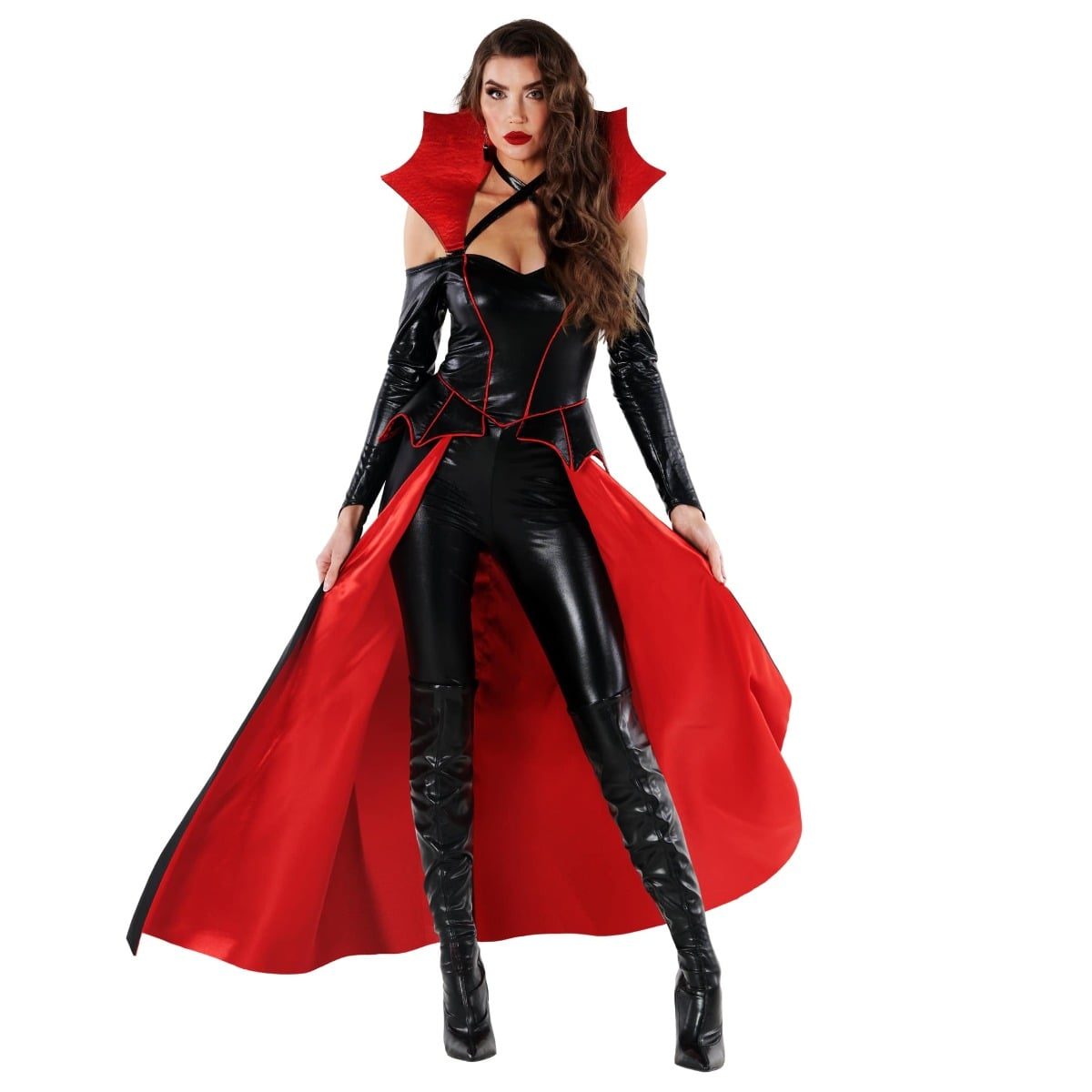 Sexy Vampiress Bodysuit Costume Womens, a black wet-look bodysuit with a red pointed collar and a red-lined cape
