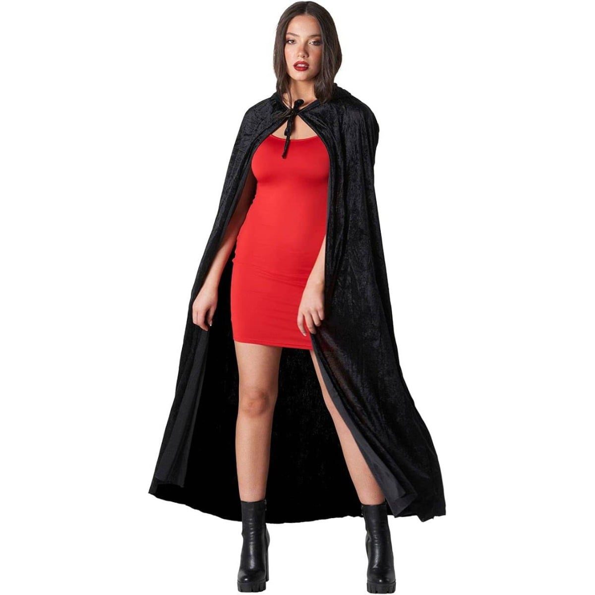 Black Velour Hooded Cape, a floor-length crushed velvet cape worn open over a red dress and black boots