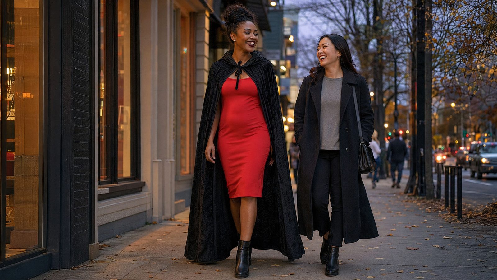 Woman in a red dress and floor-length black hooded velvet cape walking a city sidewalk at dusk with a friend