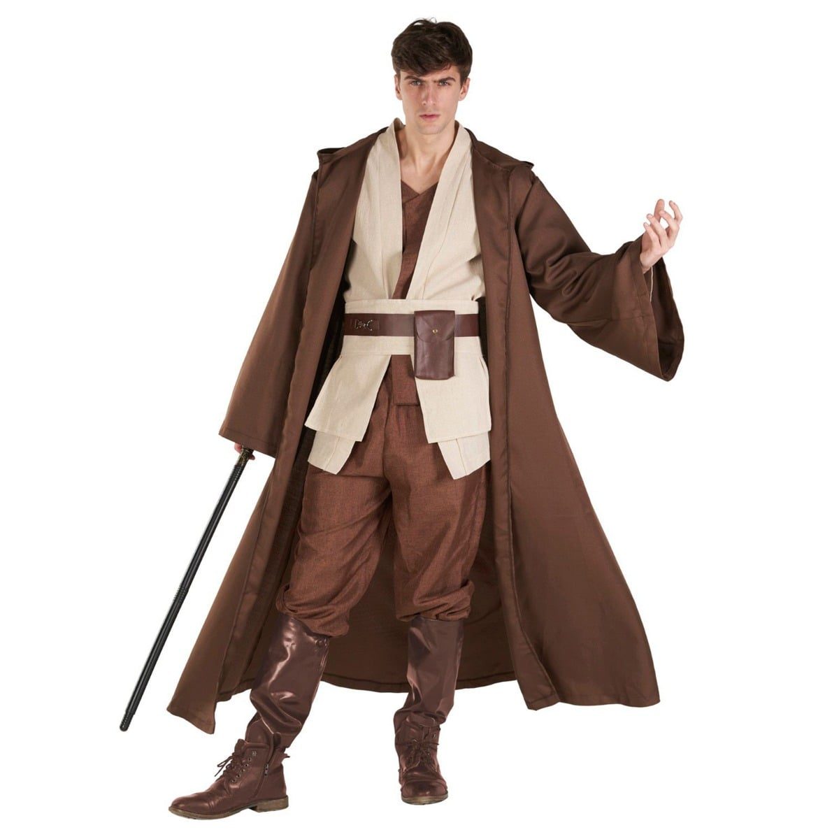 Man in a dark hooded robe with flared sleeves and a faux leather belt standing on a dim staircase