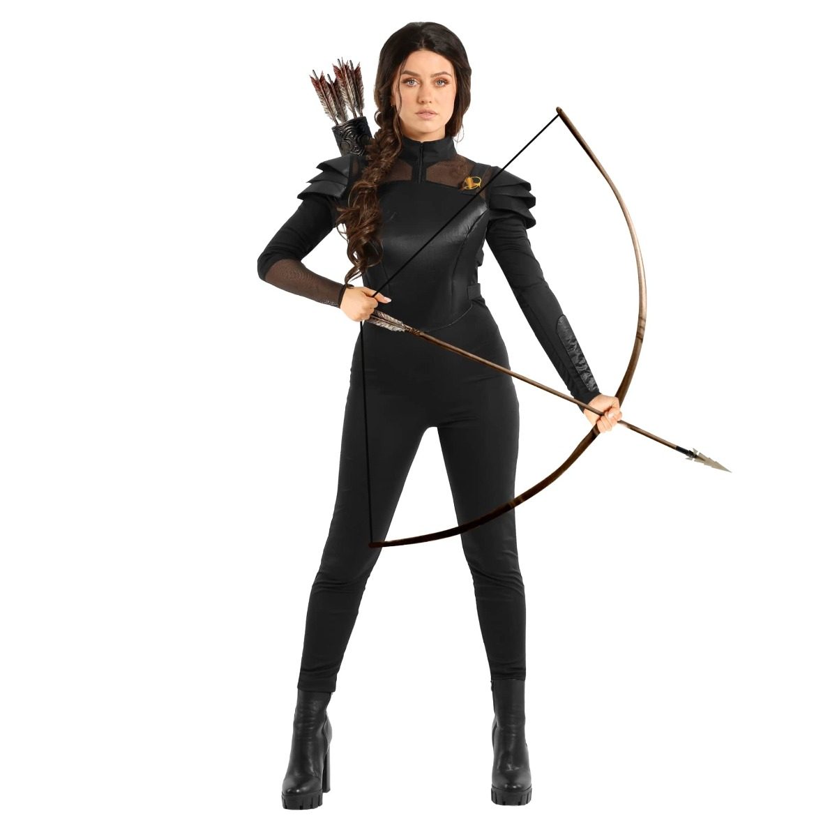 Woman in a fitted black bodysuit with matte black shoulder armor and a signature badge