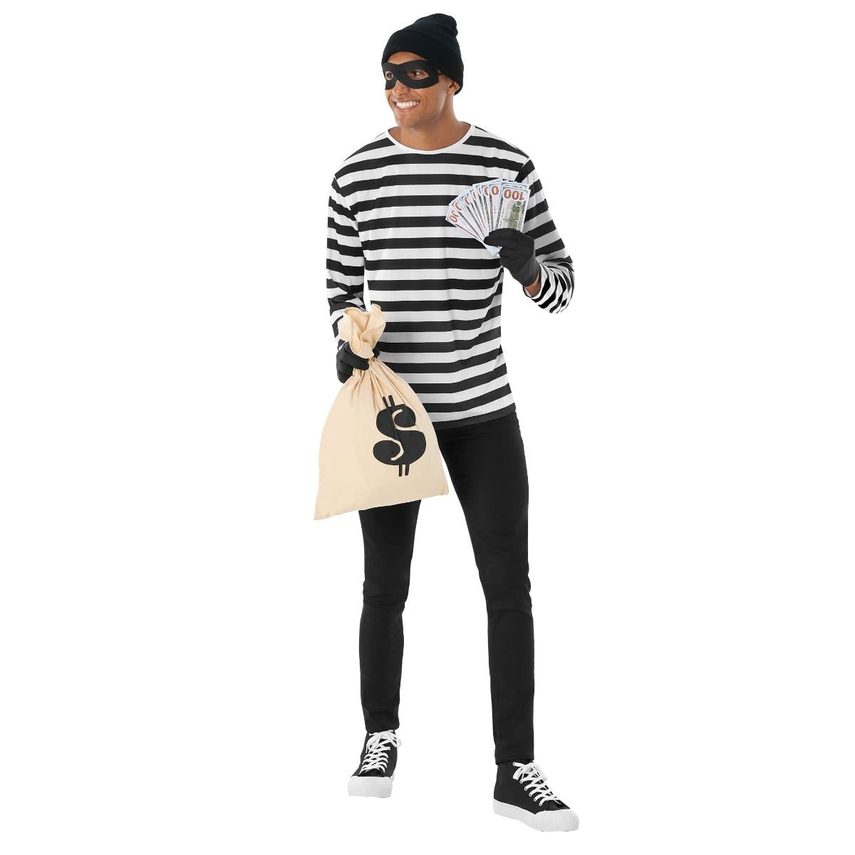 Man in a black and white striped long shirt with a knit beanie, eye mask, and a cinchable money bag