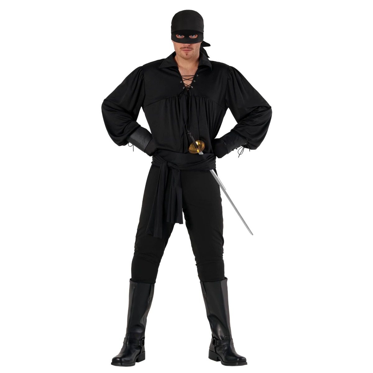 Man in a puffed-sleeve shirt, double-layered belt, and black bandana wearing a masked look