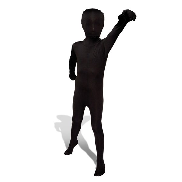Child's black Morphsuit costume covering the wearer head to feet in solid black stretch fabric, with a separate hood section over the face