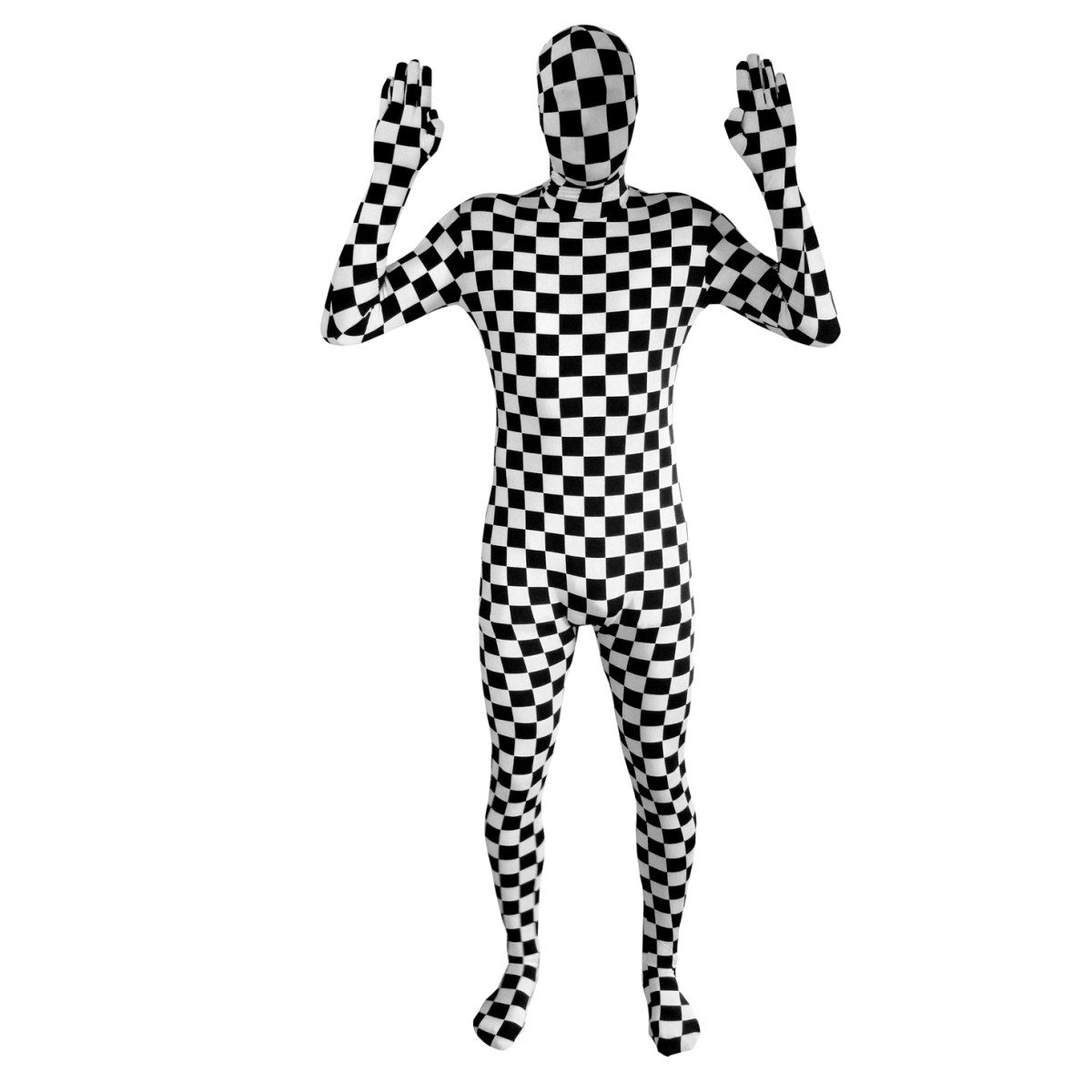 Person in a full-body black and white checkerboard morphsuit covering head to toe
