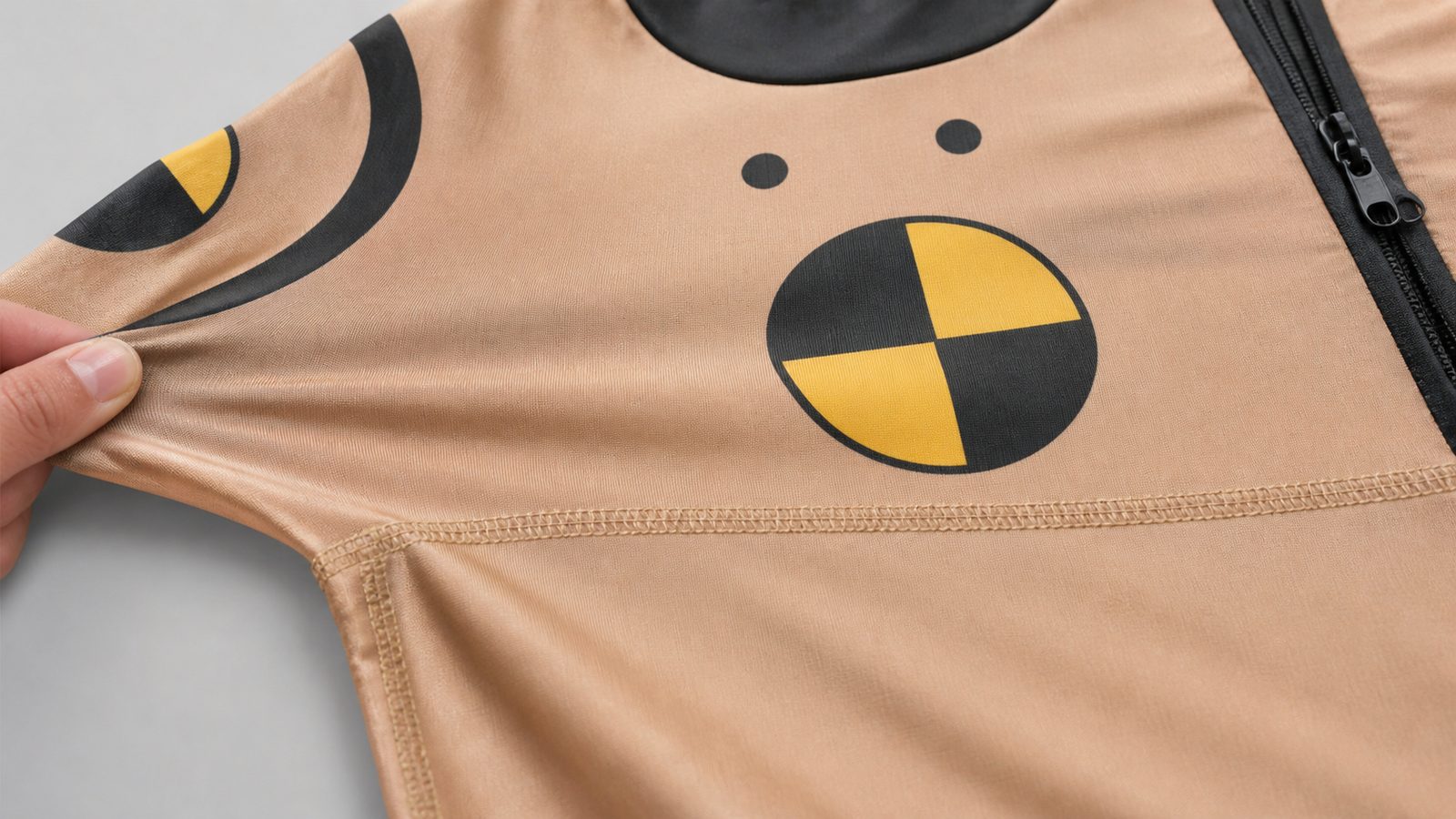 Close-up of printed stretch costume fabric showing a reinforced seam and a double zip pull, fabric pulled slightly to show its stretch