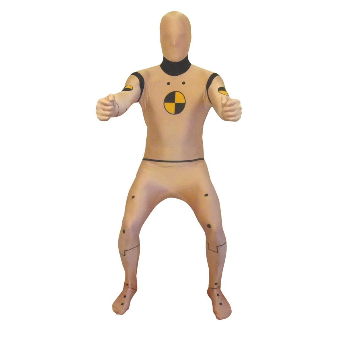 Person wearing a printed full-body Crash Test Dummy Morphsuit costume, showing the double zip and construction detail