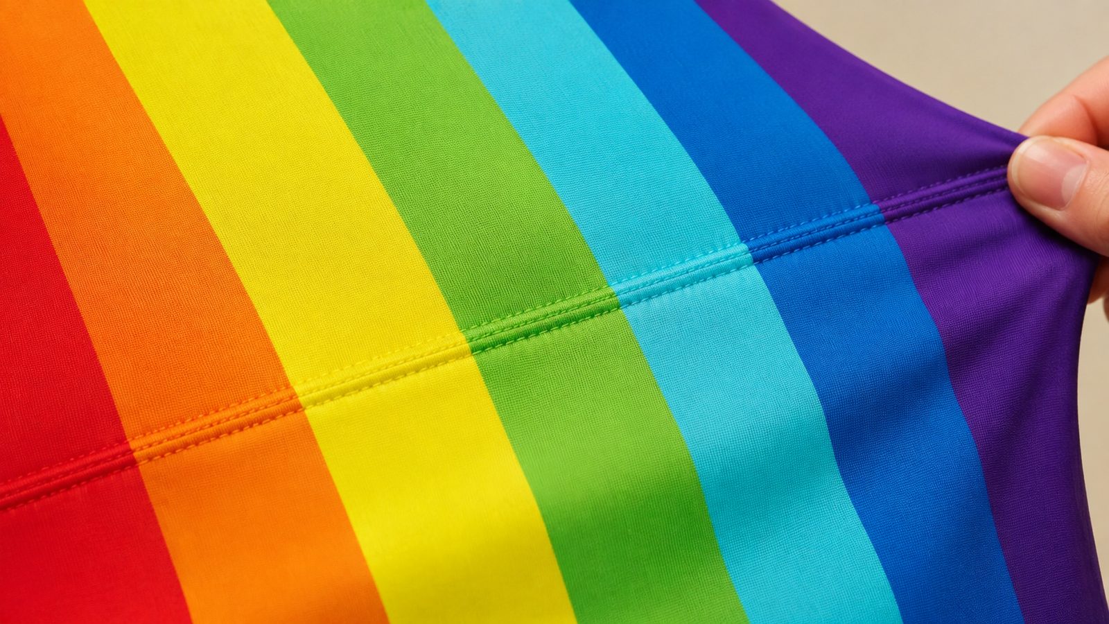 Close-up of multicolored rainbow-striped stretch fabric showing a stitched seam, fabric pulled slightly to show its stretch