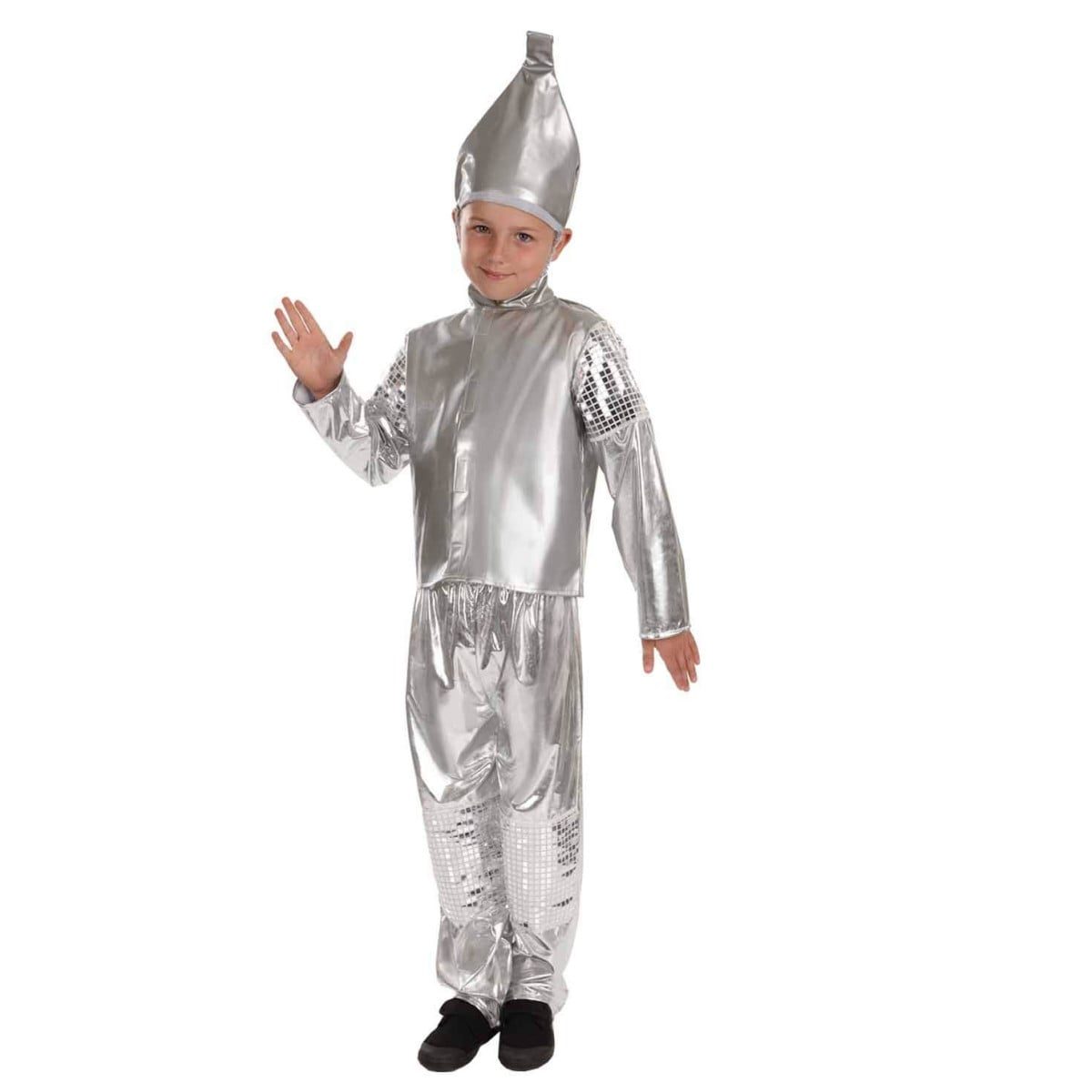 Child in a silver metallic top and pants with a matching silver hat