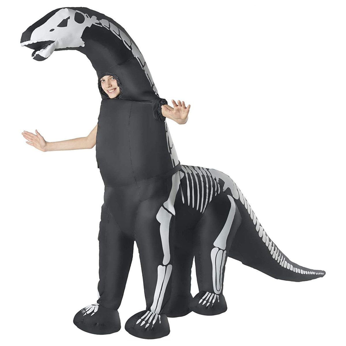 Child in a giant inflatable diplodocus skeleton dinosaur costume with a built-in fan