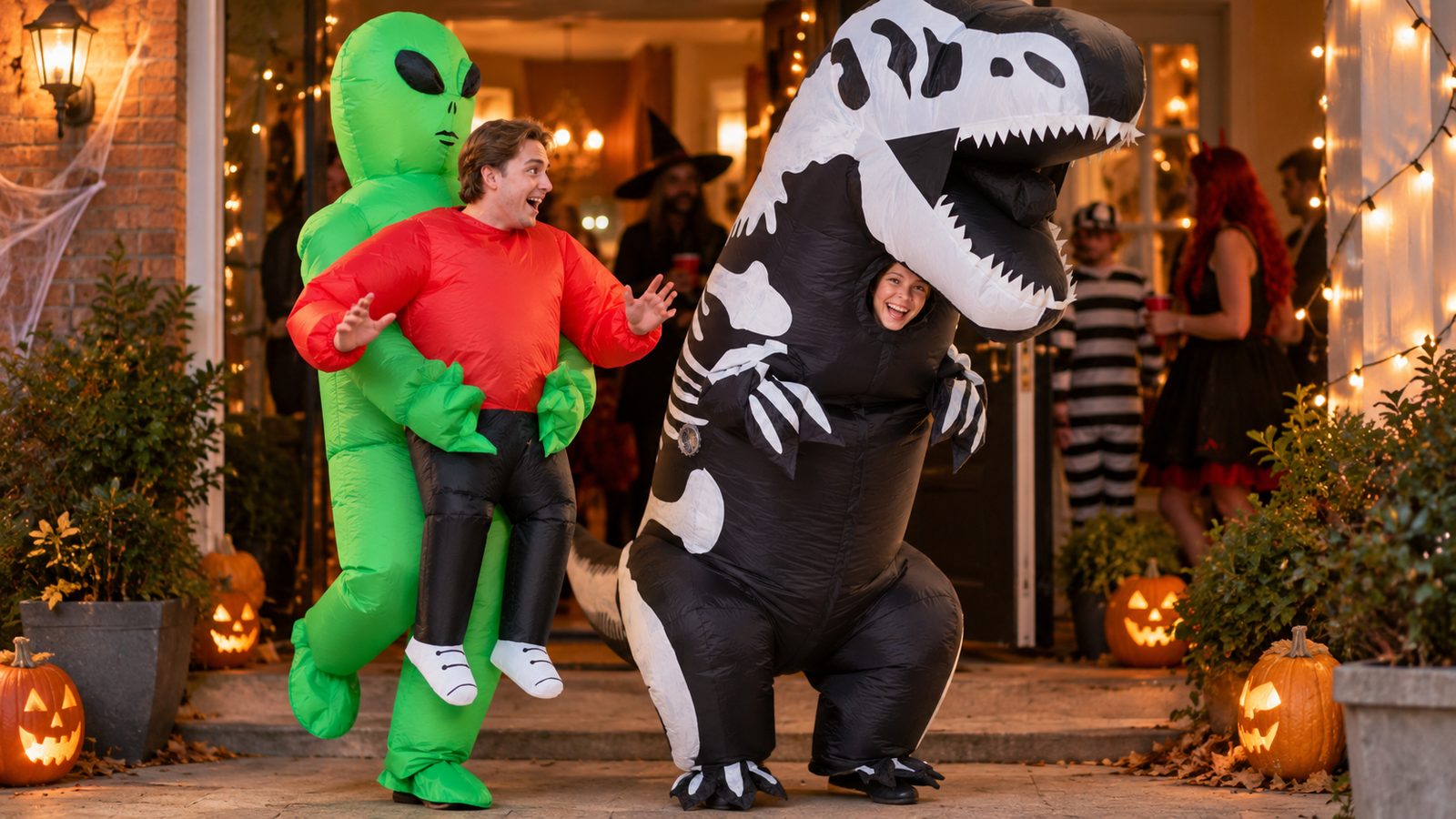 Two friends at a Halloween party in coordinated but different costumes, one in a giant inflatable alien pick-me-up costume and one in a skeleton dinosaur inflatable costume