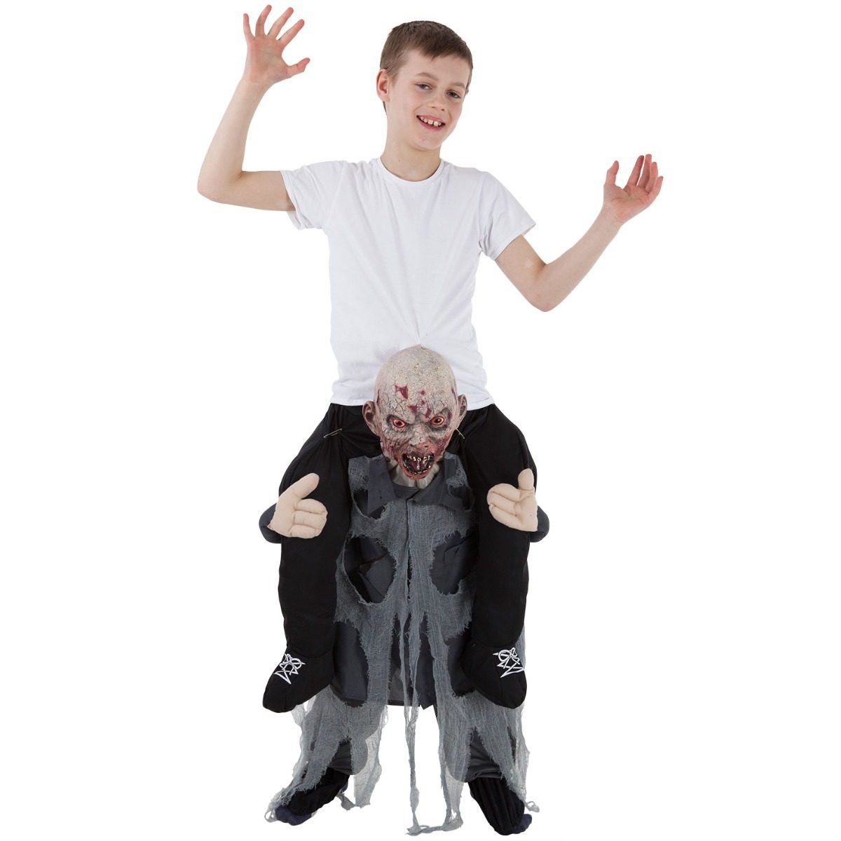 Child wearing a zombie piggyback costume that creates the illusion of a zombie carrying the child on its shoulders