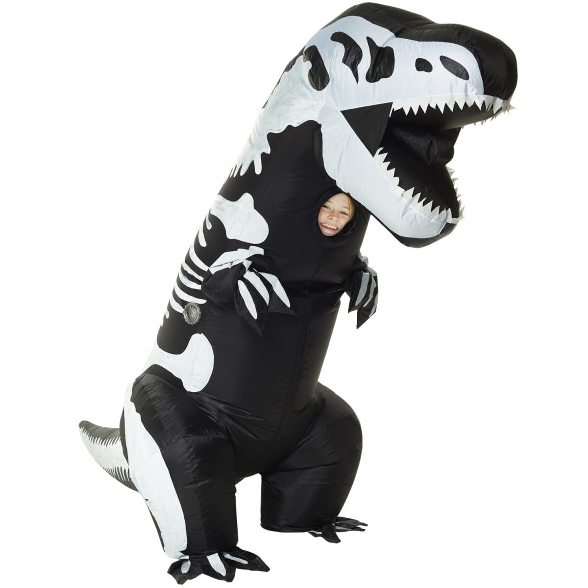 Child in a giant inflatable T-Rex skeleton dinosaur costume with a built-in fan