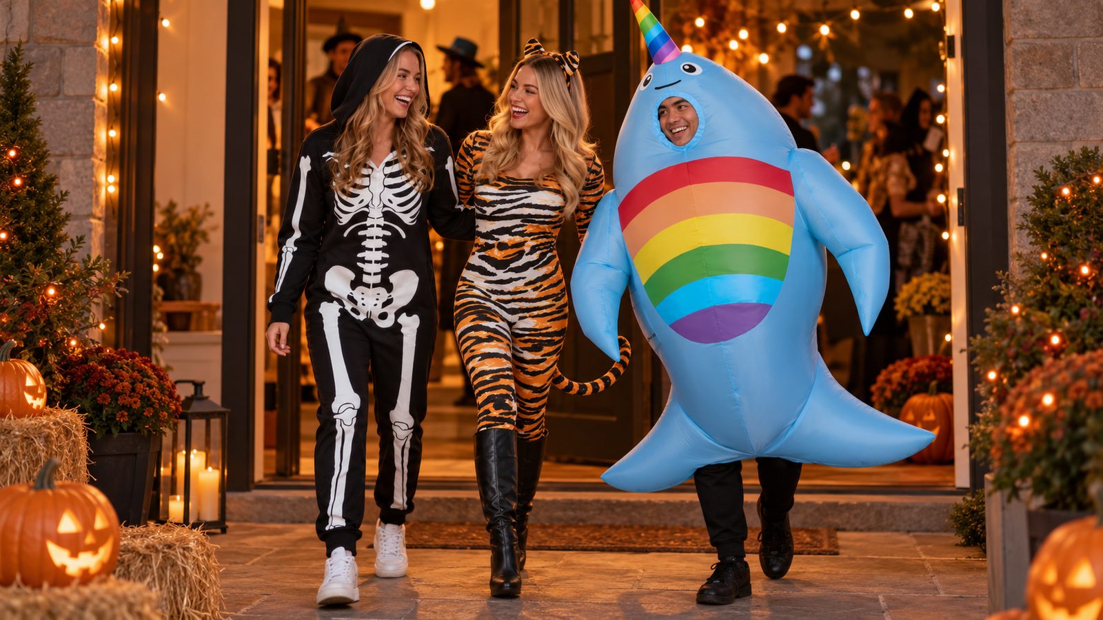 Three friends at a Halloween party in three different coordinated looks: one in a full-body skeleton onesie, one in an orange tiger print bodysuit and one in a giant inflatable animal costume