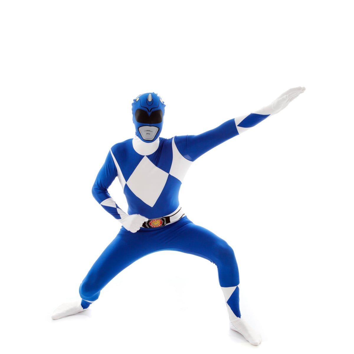 Adult in a blue Power Rangers Morphsuit with an attached hooded mask, full-body zip-up costume