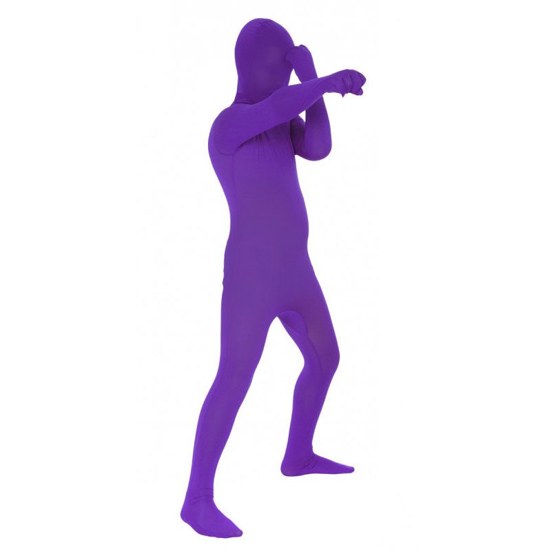 Child in a purple full-body Morphsuit costume with an attached hood, zip-up second-skin fit