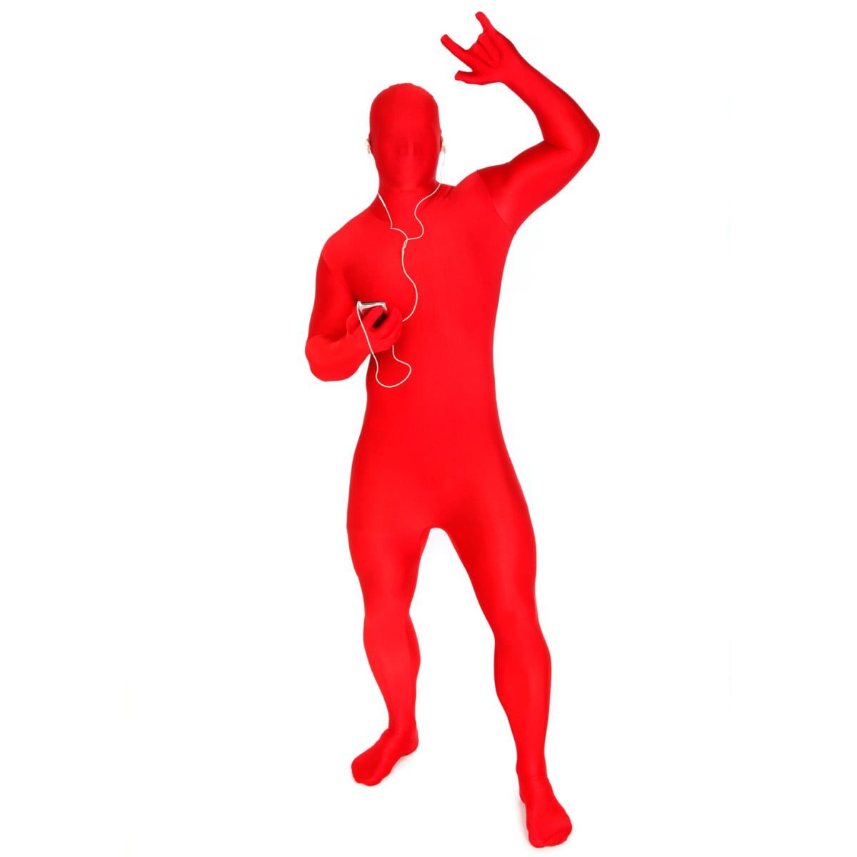 Adult in a plain red full-body Morphsuit costume, zip-up second-skin fit