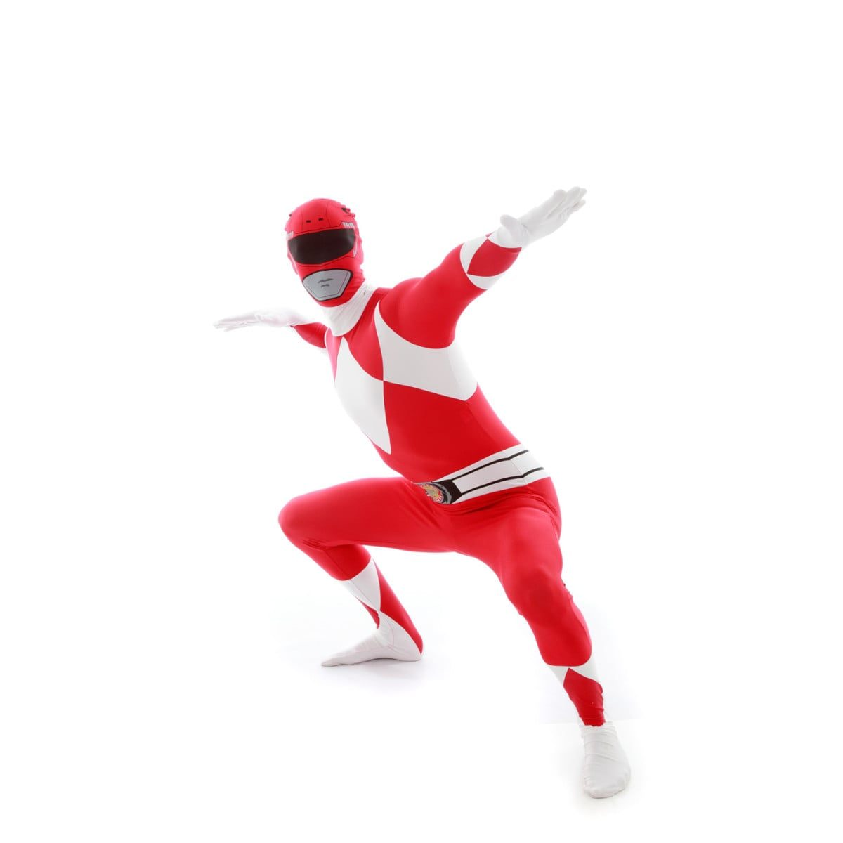 Adult in a red Power Rangers Morphsuit, a full-body zip-up costume with the ranger's helmet design built into the fabric