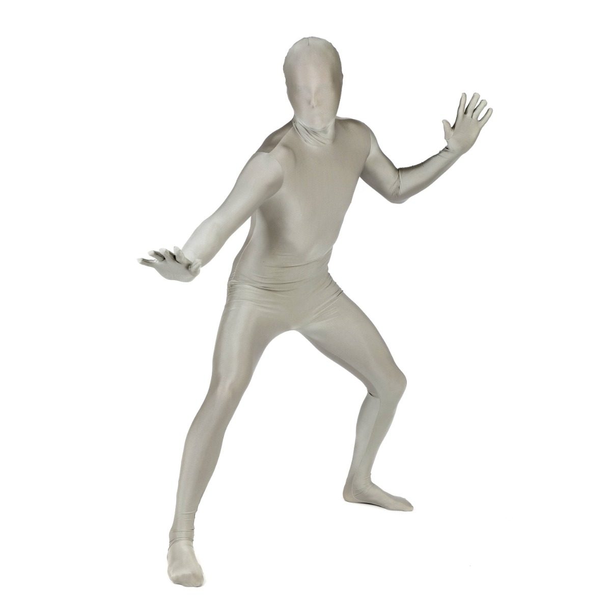 Adult in a metallic silver full-body Morphsuit costume, zip-up second-skin fit
