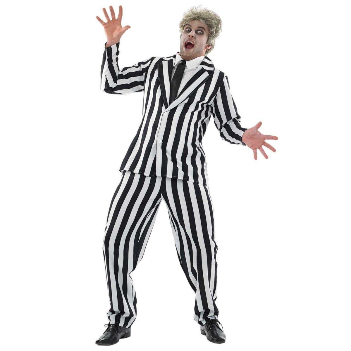 Man in a black and white vertical striped suit jacket and pants with a black tie, styled with a messy gray wig and pale ghost makeup