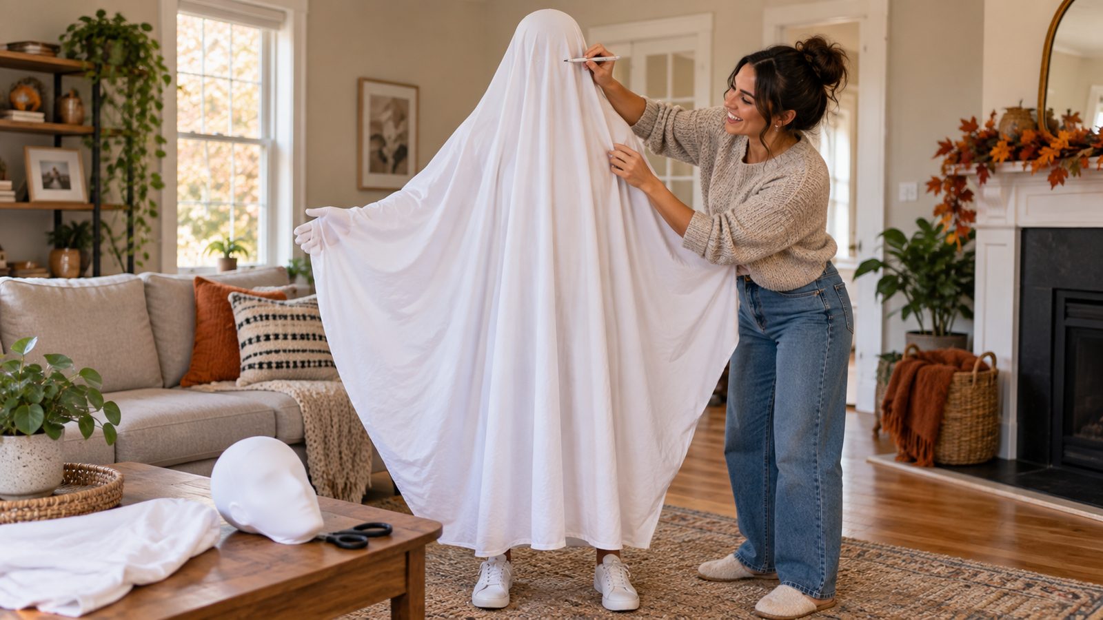 Adult standing in a living room under a white polyester sheet while a friend marks the eye positions with chalk, a plain white fabric mask resting on the table beside them