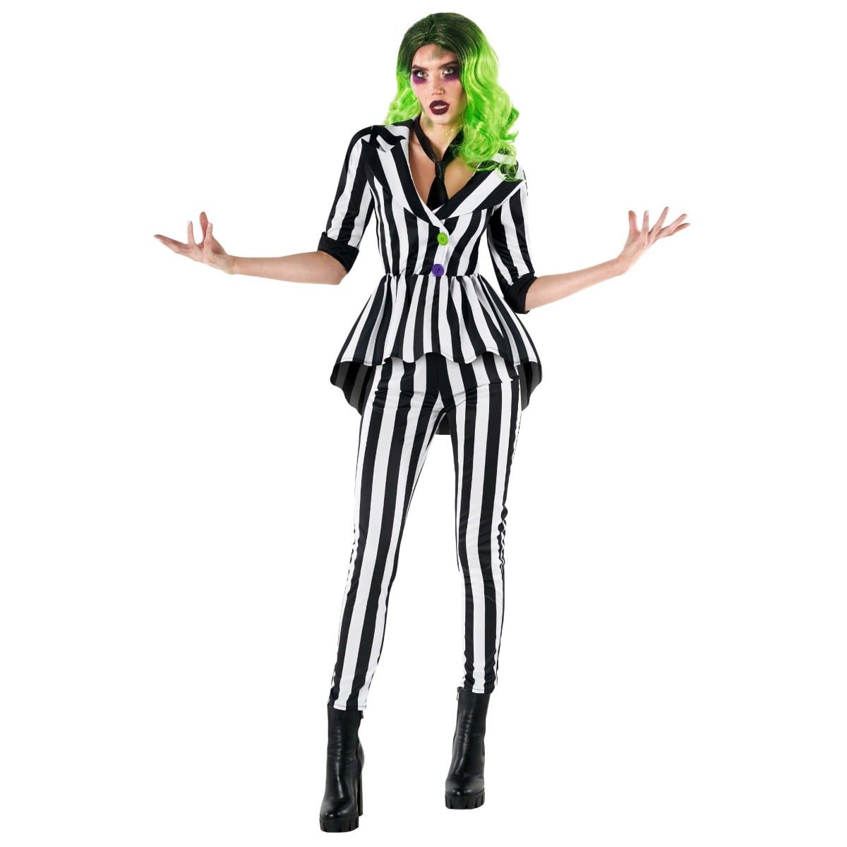 Woman in a black and white striped peplum blazer with green and purple buttons, matching striped leggings, and a black tie, styled with a green wig
