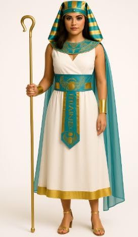 Woman wearing an Egyptian Beauty costume: a cream dress with a teal collar, cape and belt, gold trim, and a striped teal and gold headpiece