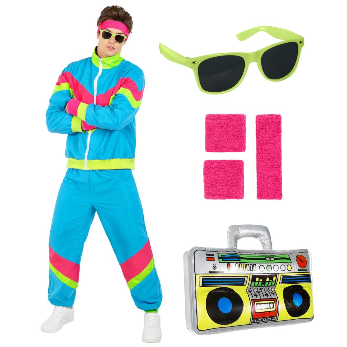 Man wearing a bright blue, pink and neon green 80s tracksuit costume with a matching headband, sunglasses and wristbands