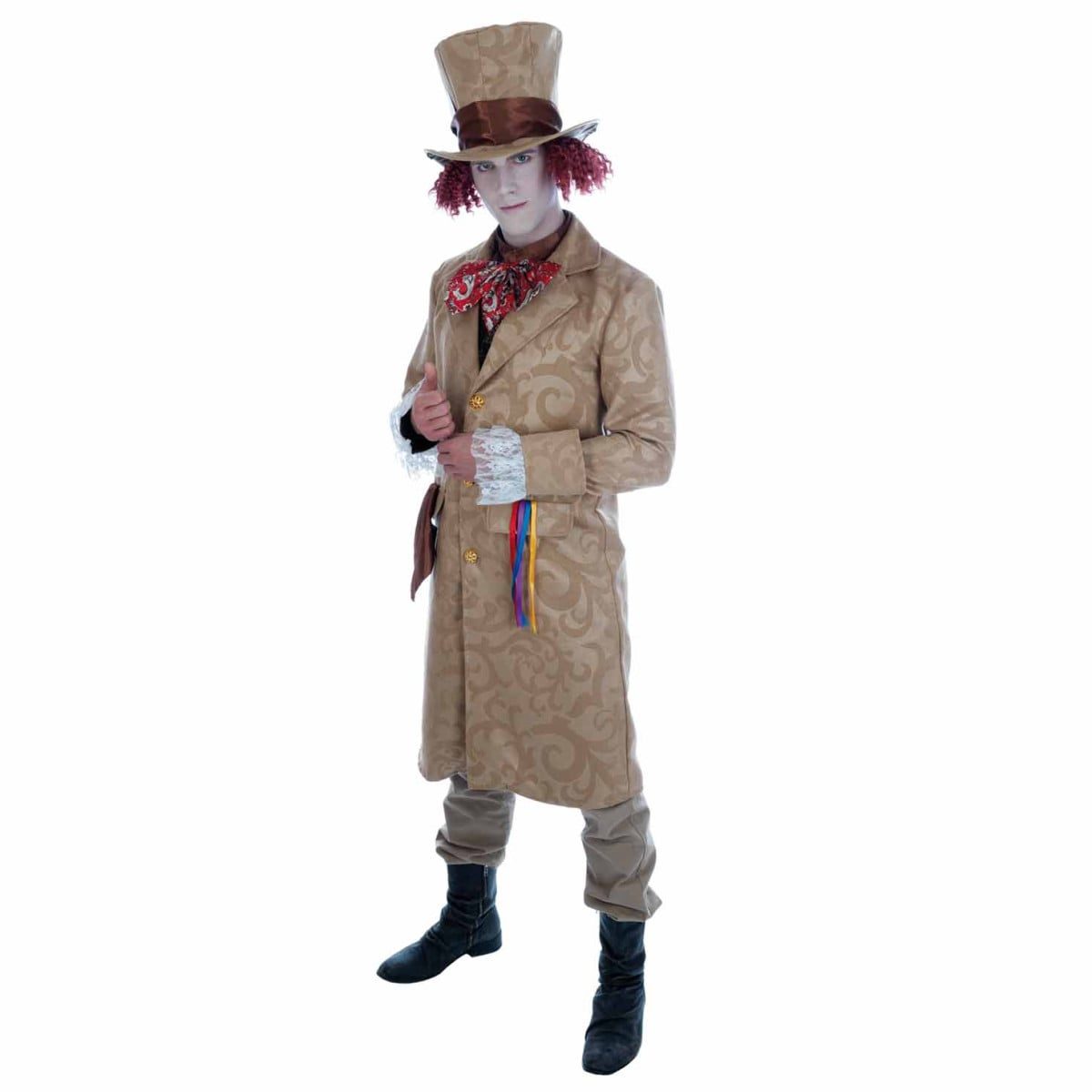 Man wearing a Mad Hatter costume with patterned beige jacket, waistcoat insert, shirt with necktie collar and matching oversized top hat with attached hair