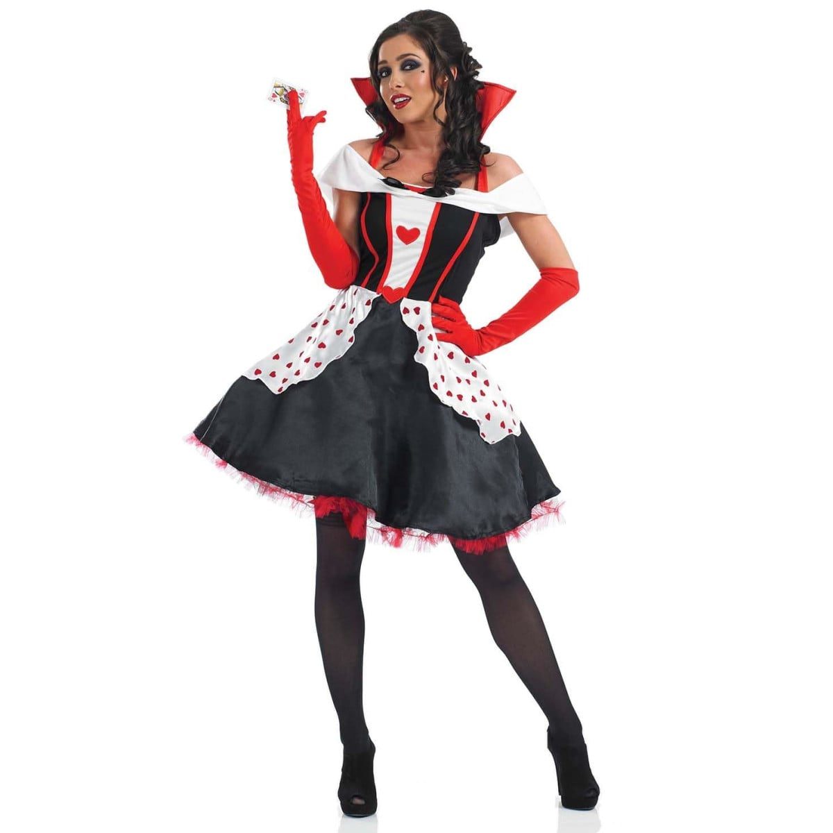 Woman wearing a Queen of Hearts costume with a high-collared red, white and black petticoat dress with heart print, long red gloves and black hold-up stockings