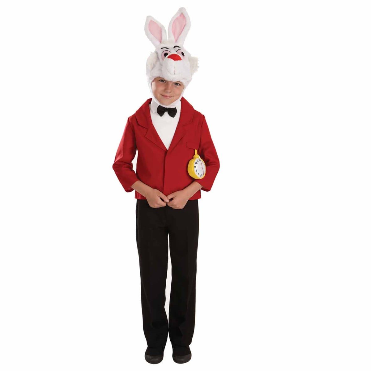 Child wearing a White Rabbit costume with red jacket, shirt insert, toy pocket watch and plush furry rabbit headpiece