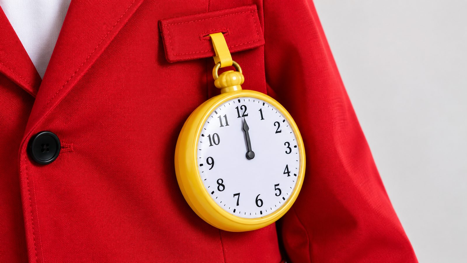 Close-up of a small pocket watch prop against red jacket fabric, the White Rabbit costume's included accessory