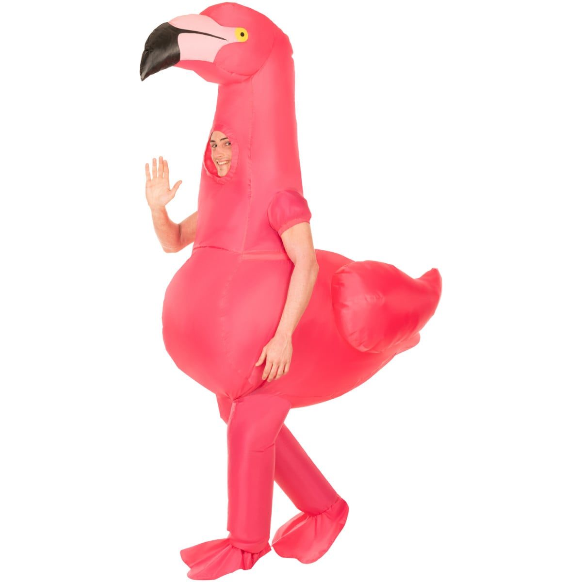 Woman in a hot pink inflatable flamingo costume with an oversized flamingo head, wing sleeves, and webbed foot leg covers