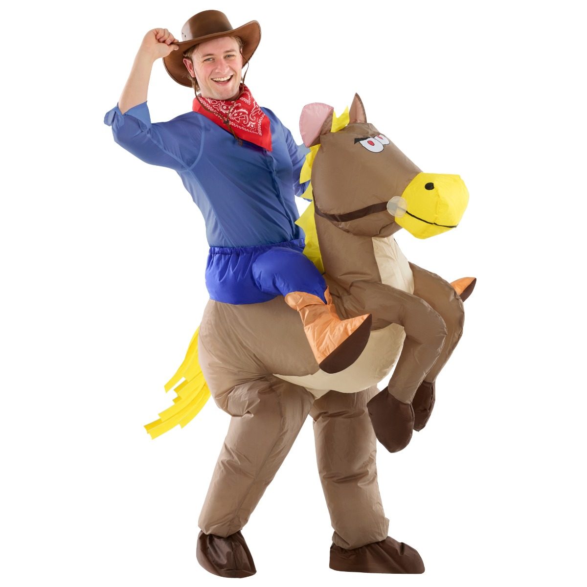 Woman wearing a tan and brown ride-on horse inflatable costume, torso emerging from the horse's back