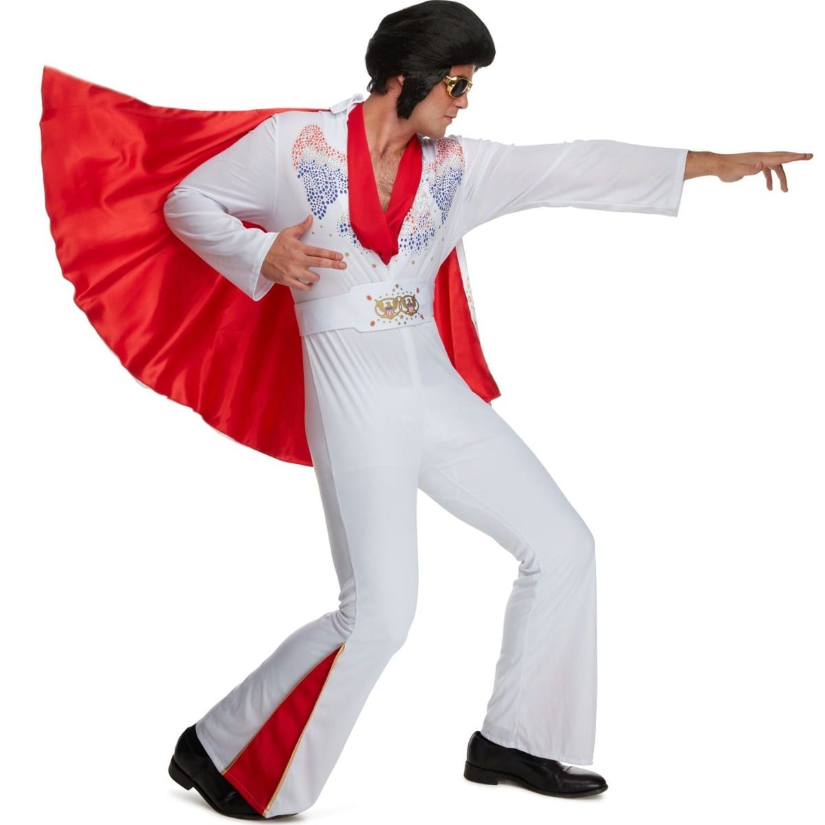 Man in a white jumpsuit with a jeweled collar, a red-lined cape, a red scarf, and red-trimmed flared pant legs