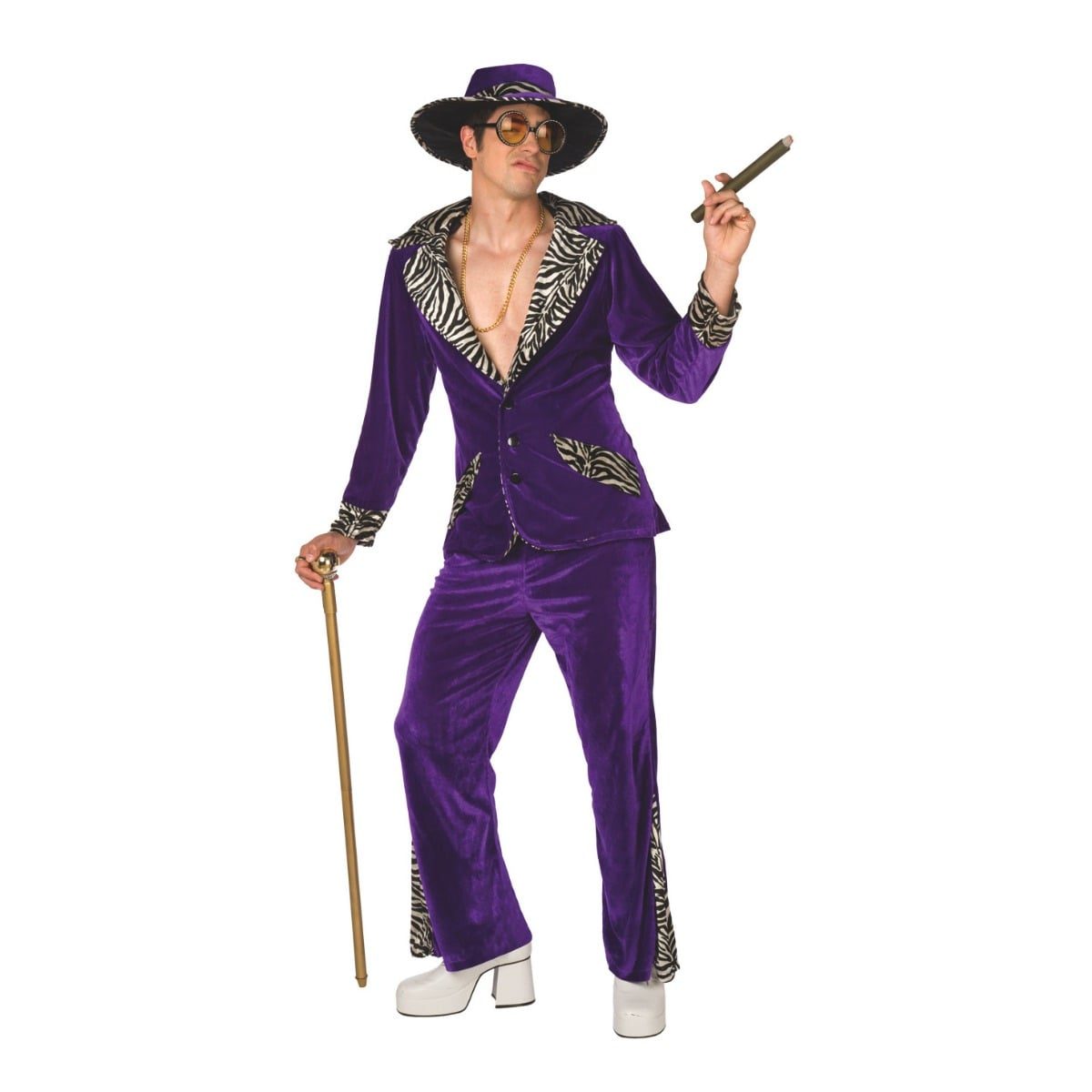 Man in a purple velvet jacket with zebra print trim, matching purple pants, and a matching pimp hat