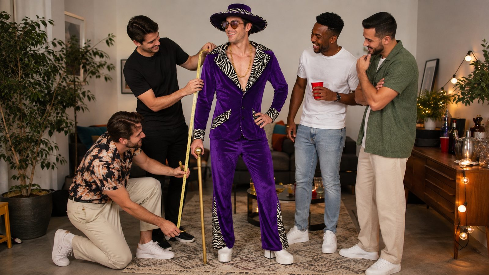 Two men of different builds wearing the same purple velvet pimp costume with zebra print trim, both well fitted