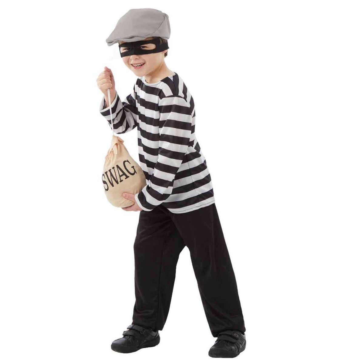 Child wearing a black and white striped long-sleeve top, black pants, a gray cap, a black eye mask, and holding a tan swag bag printed with a dollar sign