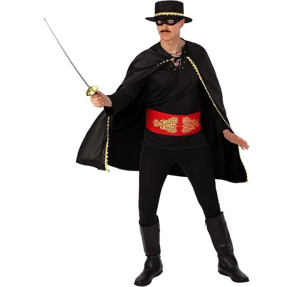 Man wearing a black tunic with a black cape and hat trimmed in gold, a black eye mask, and a red belt with a gold pattern