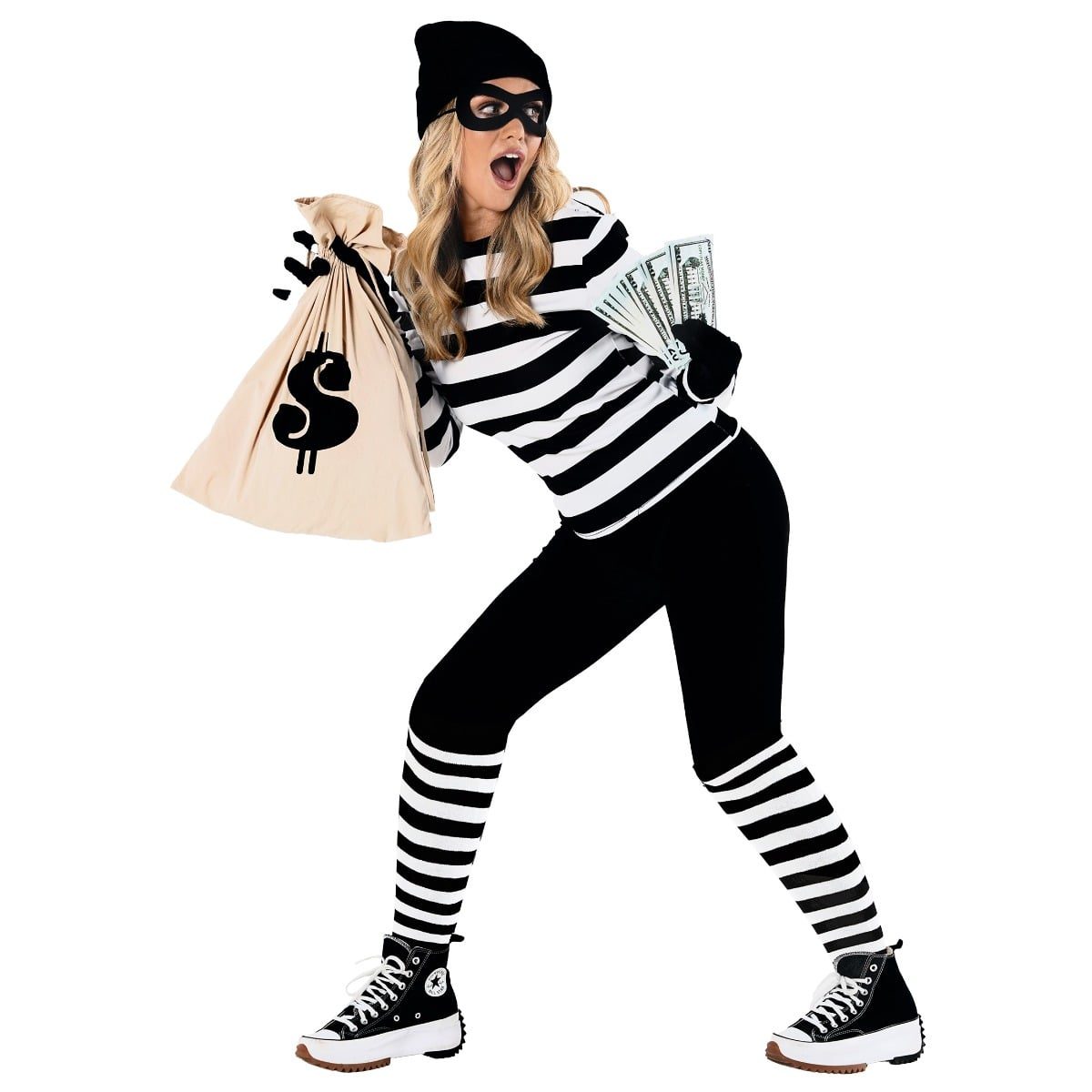 Woman wearing a black and white striped long-sleeve top, black beanie, black eye mask, black gloves, and carrying a tan money sack printed with a dollar sign