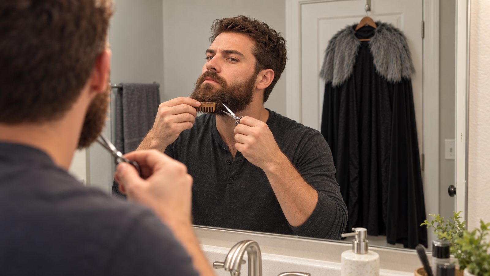 A man with a full brown beard shaping it with a comb and small scissors in a bathroom mirror, a fur-trimmed black cape hanging on the door behind him