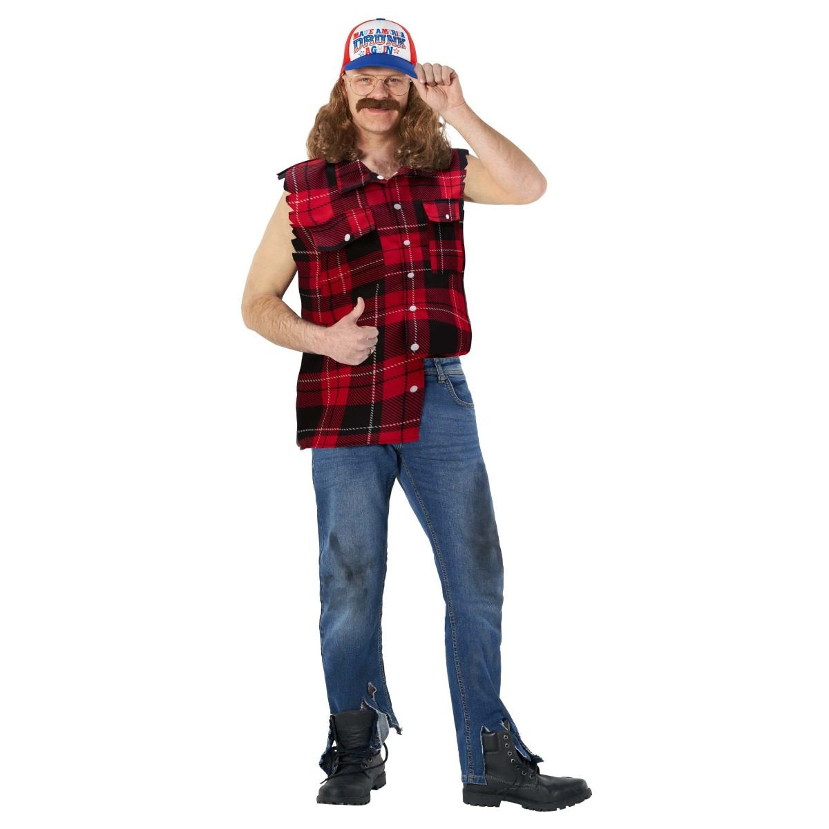 Red plaid sleeveless shirt and a baseball cap with an attached long mullet wig, worn with jeans and boots
